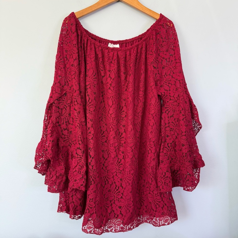 Forgotten Grace Red Lace Bell Sleeve Blouse Size Large